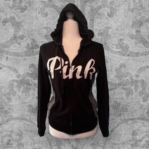 Victoria's Secret PINK Black Grey Colorblock Logo Zip Up Hoodie ~ Size S
